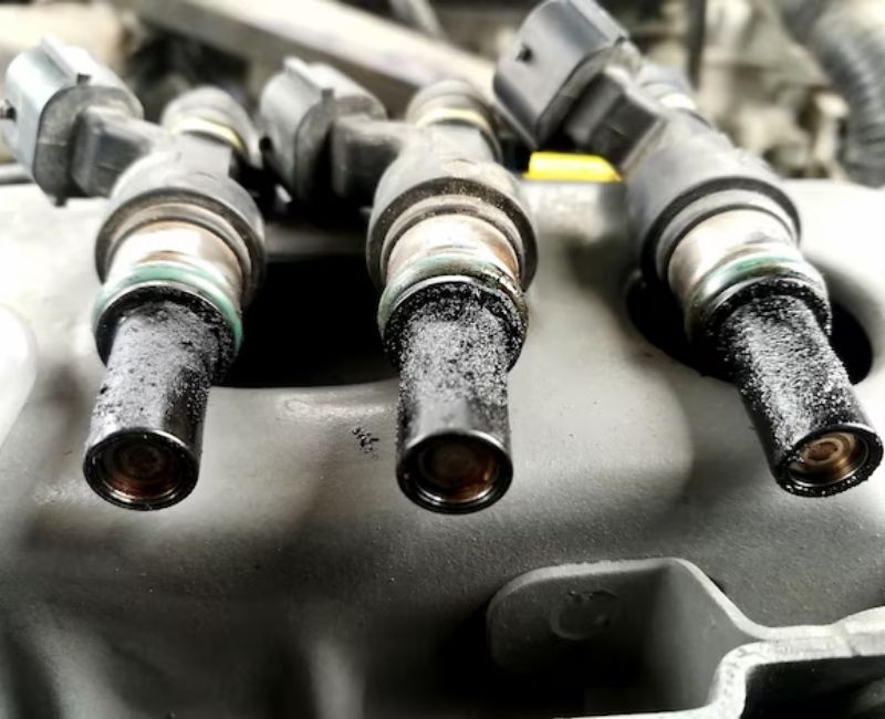13 nguyên nhân hiện tượng xe ô tô bị giật khi tăng ga & cách xử lý 1 Đầu kim phun đóng cặn đen, lỗ phun hẹp làm tia xăng không tỏa đều